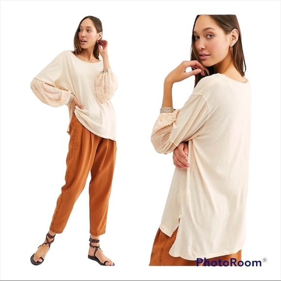 FREE PEOPLE Ivory Patchwork Balloon Sleeve Jade Oversized Top Small Boho - Picture 3 of 10